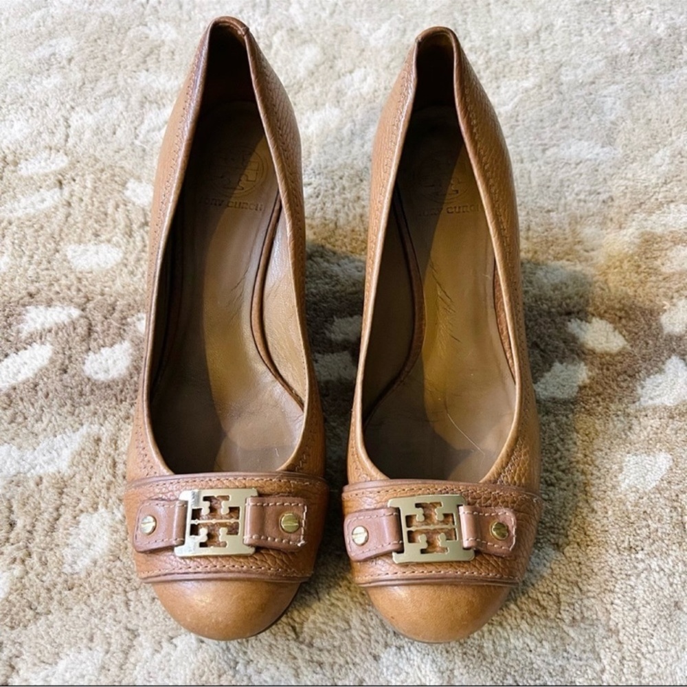 Tory Burch Cognac Leather Wedge Pumps with Gold Logo Accent